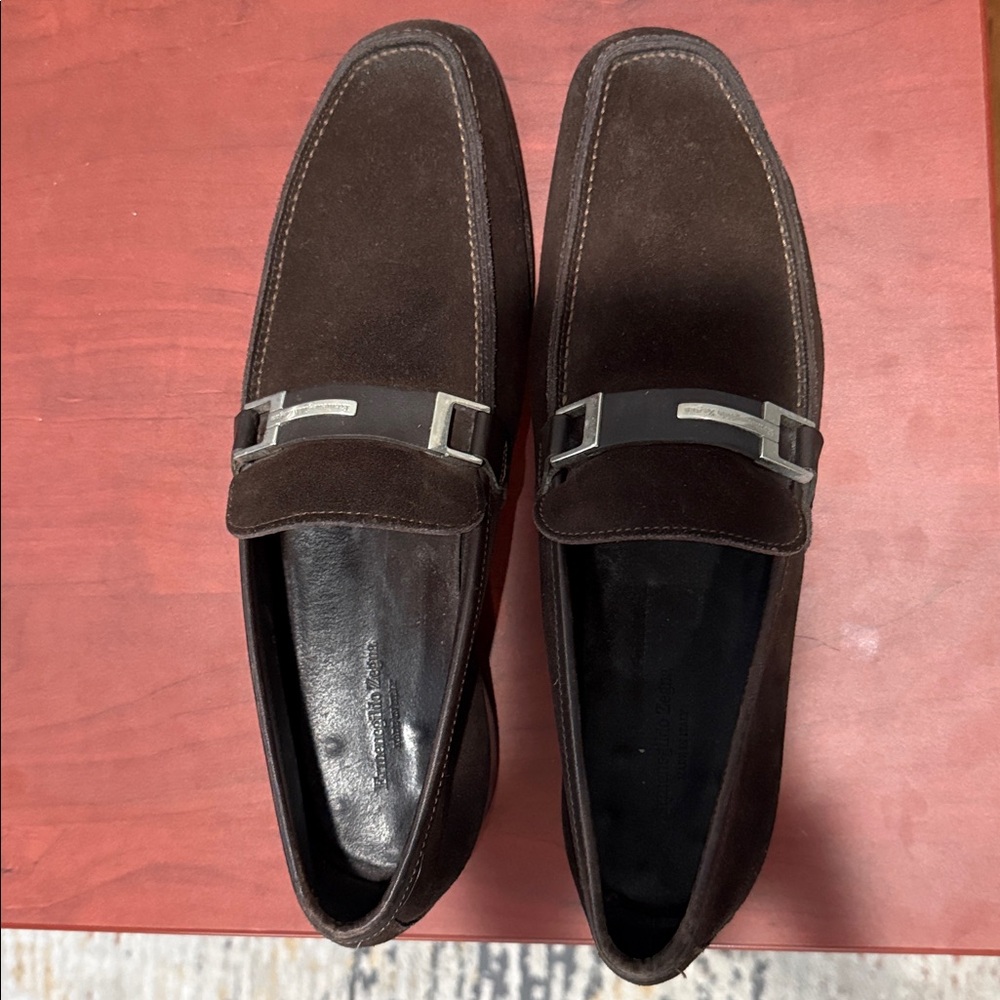 Zegna Brown Suede Loafers with Silver Buckle